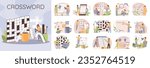 Crossword sudoku flat composition with papers coffee cup pens pencils and text with set of icons vector illustration