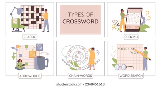 infografías planas de la palabra cruzada sudoku con subtítulos de texto editables y búsqueda de palabras con caracteres humanos y gadgets ilustraciones vectoriales