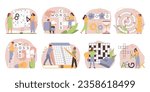 Crossword sudoku flat set of isolated round compositions with doodle human characters filling numbers and letters vector illustration