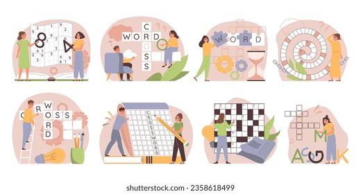 Conjunto plano de sobrenombre de composiciones redondas aisladas con caracteres humanos de doodle que rellenan números y letras ilustraciones vectoriales