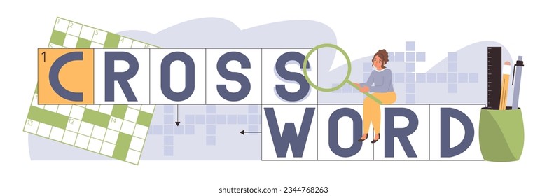 Crossword sudoku flat text composition with female character sitting on cells with letters lens and pens vector illustration