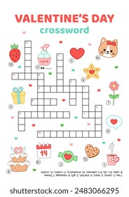 Crossword. Valentines day. English words. Educational puzzle game for kids. Cartoon, vector