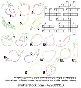 Crossword with vegetables and fruits. educational game. Vegetables and fruits in a flat style. Linear icons.