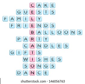 Crossword for the word Celebration and related words: Cake, Guests, Family, Friends, Balloons, Party, Candles, Gifts, Wishes, Songs, Dance (vector illustration)