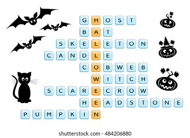 Crossword for the word Halloween and related words, with drawings of bat, black cat, pumpkins. Vector illustration.