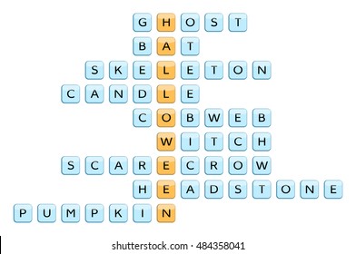 Crossword for the word Halloween and related words: Ghost, Bat, Skeleton, Candle, Cobweb, Witch, Scarecrow, Headstone, Pumpkin. Vector illustration.