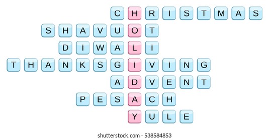 Crossword for the word Holiday and related words: Christmas, Shavuot, Diwali, Thanksgiving, Advent, Pesach, Yule (vector illustration)