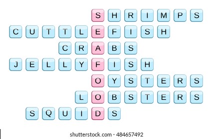 Crossword for the word Seafood and related words (Shrimps, Cuttlefish, Crabs, Jellyfish, Ousters, Lobsters, Squids), vector illustration