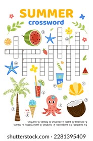 Crossword of words on tropical theme. English words. Educational puzzle game for kids. Flat, cartoon. Isolated vector illustration eps 10