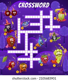 Crossword worksheet with cartoon berry wizard, mage, warlock and fairy. Find a word vector quiz game, puzzle or maze grids with funny strawberry, cherry, blueberry and blackberry magician characters