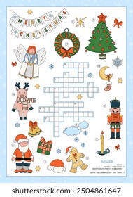 Crucigrama.Navidades temática juego de crucigramas para kids.12 Navidades Elementos - Santa Claus, ángel, renos, cascanueces, corona, Navidades de pino, pan de jengibre, vela.English language.Ilustración vectorial.