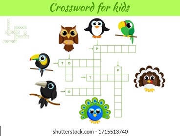Crosswords game of animals for children with pictures. Kids activity worksheet colorful printable version. Educational game for study English words. Includes answers. Flat vector stock illustration.
