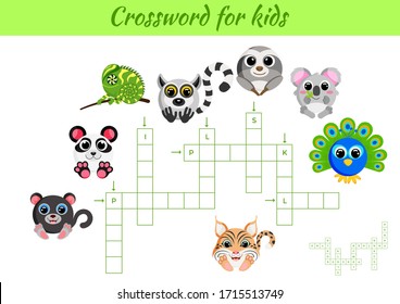 Crosswords game of animals for children with pictures. Kids activity worksheet colorful printable version. Educational game for study English words. Includes answers. Flat vector stock illustration.