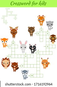 Crosswords game of animals for children with pictures. Kids activity worksheet colorful printable version. Educational game for study English words. Includes answers. Flat vector stock illustration.
