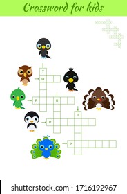 Crosswords game of animals for children with pictures. Kids activity worksheet colorful printable version. Educational game for study English words. Includes answers. Flat vector stock illustration.