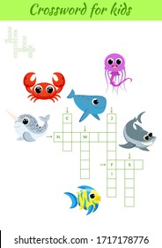 Crosswords game of animals for children with pictures. Kids activity worksheet colorful printable version. Educational game for study English words. Includes answers. Flat vector stock illustration.