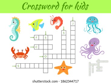 Crosswords game of animals for children with pictures. Kids activity worksheet colorful printable version. Educational game for study English words. Includes answers. Flat vector stock illustration.