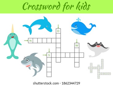 Crosswords game of animals for children with pictures. Kids activity worksheet colorful printable version. Educational game for study English words. Includes answers. Flat vector stock illustration.
