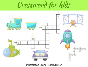 Crosswords game of transports for children with pictures. Kids activity worksheet colorful printable version. Educational game for study English words. Includes answers. Flat vector stock illustration