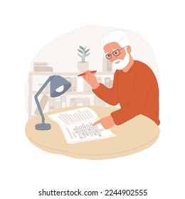 Crosswords aisló ilustración vectorial de dibujos animados. Hombre mayor haciendo cruces de palabras en casa, desafío mental, juegos cerebrales, desarrollo mental, actividad recreativa por sí sola caricatura vectorial.