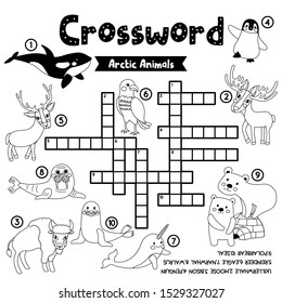 Crosswords puzzle game of arctic animals for preschool kids activity worksheet coloring printable version. Vector Illustration.