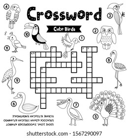 Crosswords puzzle game of cute birds animals for preschool kids activity worksheet coloring printable version. Vector Illustration.