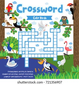 Crosswords puzzle game of cute birds animals for preschool kids activity worksheet colorful printable version. Vector Illustration.