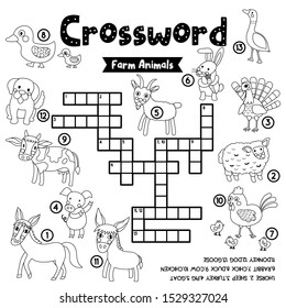 Crosswords puzzle game of farm animals for preschool kids activity worksheet coloring printable version. Vector Illustration.