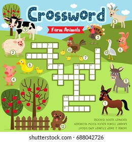 Crosswords puzzle game of farm animals for preschool kids activity worksheet colorful printable version. Vector Illustration.
