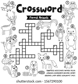 Crosswords puzzle game of forest animals for preschool kids activity worksheet coloring printable version. Vector Illustration.