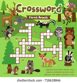 Crosswords puzzle game of forest animals for preschool kids activity worksheet colorful printable version. Vector Illustration.