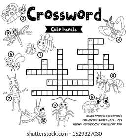 Crosswords puzzle game of insect bug animals for preschool kids activity worksheet coloring printable version. Vector Illustration.