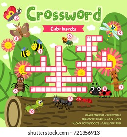 Crosswords puzzle game of insect bug animals for preschool kids activity worksheet colorful printable version. Vector Illustration.