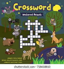 Crosswords puzzle game of nocturnal animals for preschool kids activity worksheet colorful printable version. Vector Illustration.