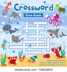 Crosswords puzzle game of ocean animals for preschool kids activity worksheet colorful printable version. Vector Illustration.