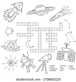 Crosswords puzzle game for preschool kids. Activity worksheet printable version. Vector hand drawn illustration. Kids black and white activity sheet space doodle set