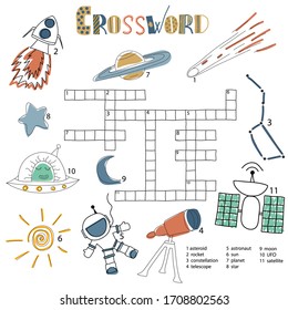 Crosswords puzzle game for preschool kids. Activity worksheet printable version. Vector hand drawn illustration. Kids activity sheet space doodle set