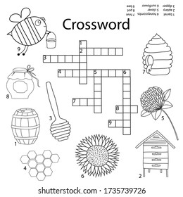 Crosswords puzzle game for preschool kids. Activity worksheet printable version. Vector hand drawn illustration. Kids black and white activity sheet doodle bee set