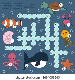 Crosswords puzzle game of underwater animals for preschool kids activity worksheet colorful printable version. Vector hand drawn illustration. Kids activity sheet