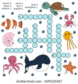 Crosswords puzzle game of underwater animals for preschool kids activity worksheet colorful printable version. Vector hand drawn illustration. Kids activity sheet
