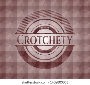 Crotchety red seamless emblem with geometric pattern background.