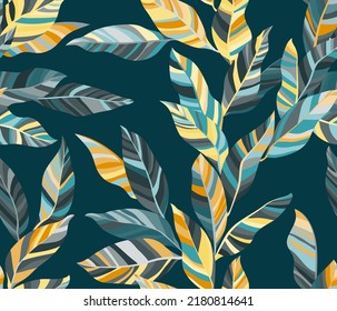 Croton leaves floral vector seamless pattern. Houseplant striped colorful foliage. Textile print with laurel tree branches. Summer endless pattern with tropical leaves. Wallpaper cute design