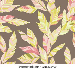 Croton leaves floral vector seamless pattern. Striped texture colorful bush foliage. Fabric print with liana twigs. Summer endless pattern with tropical leaves. Wallpaper cute design