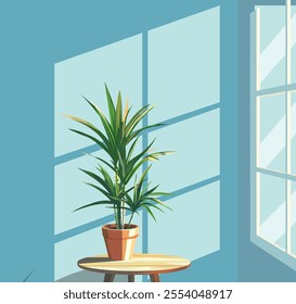 Croton Plant Illustration, Indoor plant vector, window side croton plant decorated rays comes to outside, wooden round table, beautiful plant vector