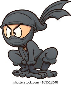 Crouching caricatura ninja. Ilustración de imagen prediseñada vectorial con gradientes simples. Todo en una sola capa.