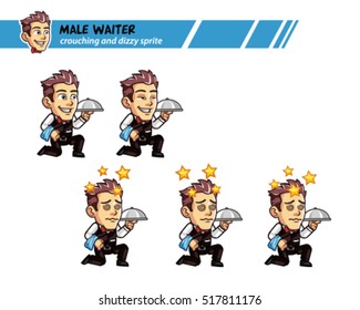 Crouching and Getting Dizzy Male Waiter Game Character Animation Sprite