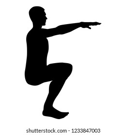 Crouching Man doing exercises crouches squat Sport action male Workout silhouette side view icon black color