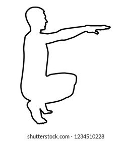 Crouching Man doing exercises crouches squat Sport action male Workout silhouette side view icon outline black color