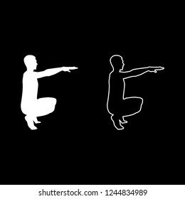 Crouching Man doing exercises crouches squat Sport action male Workout silhouette side view icon outline set white color