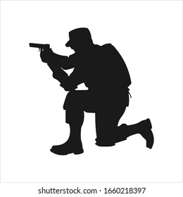 A Crouching Military Army Soldier Or Police Swat Man Or Person Aiming A Gun Or Handgun Or Pistol Weapon Silhouette Shadow. War Troops Icon Or Symbol - Simple Vector Illustration